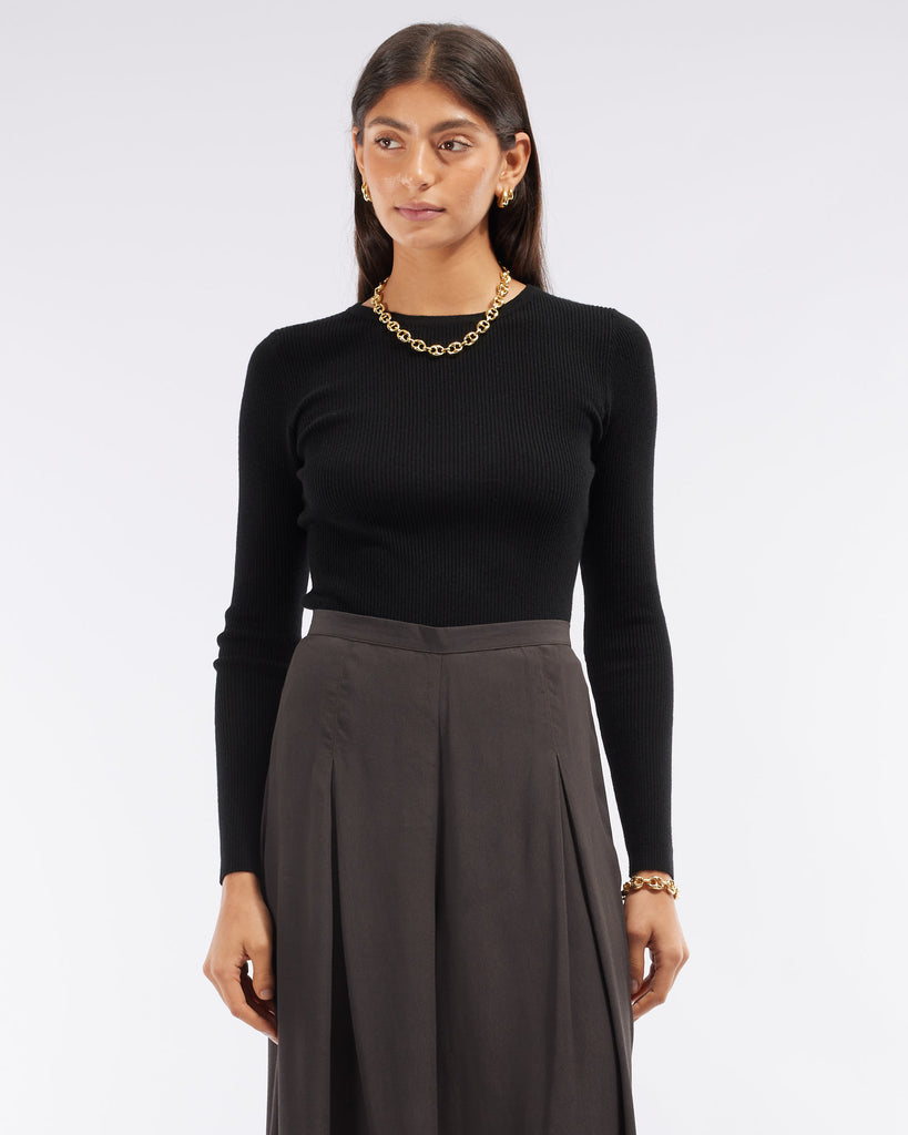 Afina Long Sleeve Knit Top - Black