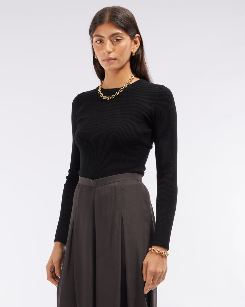 Afina Long Sleeve Knit Top - Black - Second Image