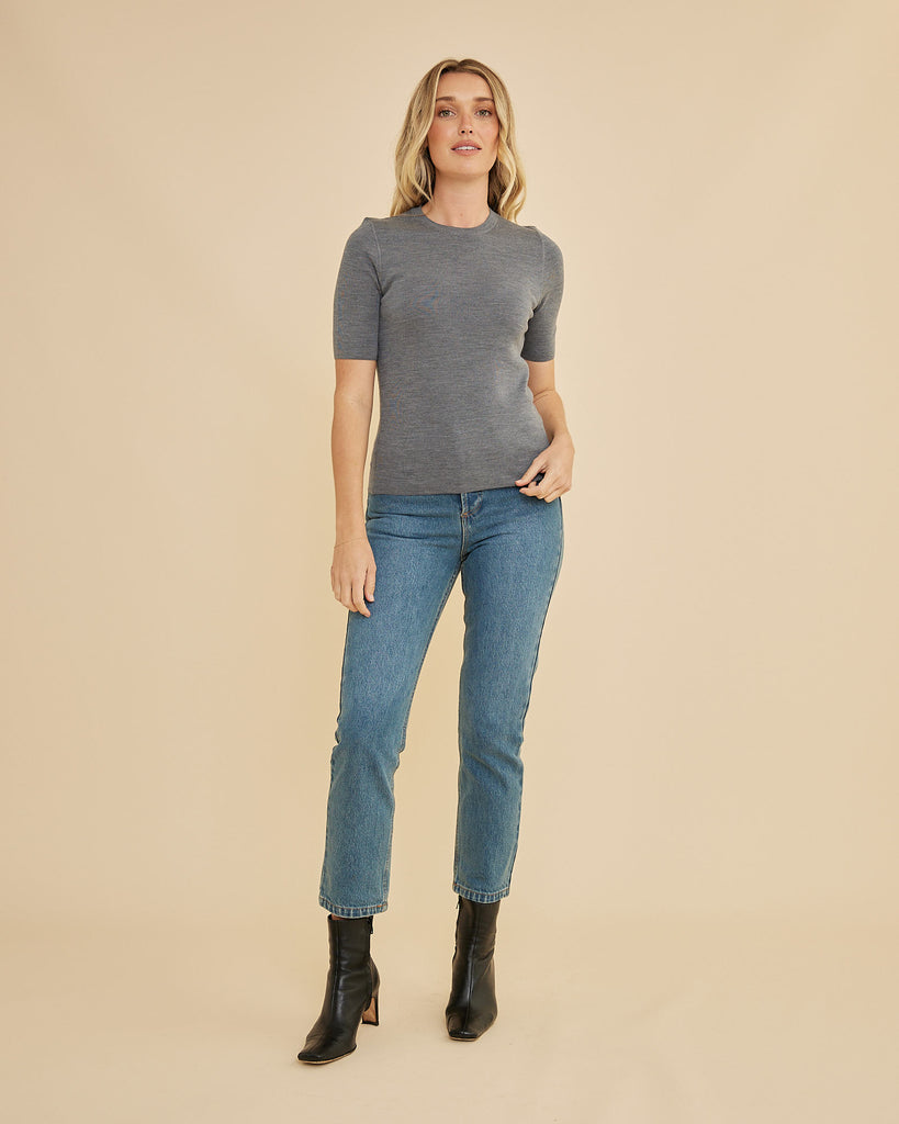 Molly Merino Knit Short Sleeve Top - Grey - Second Image