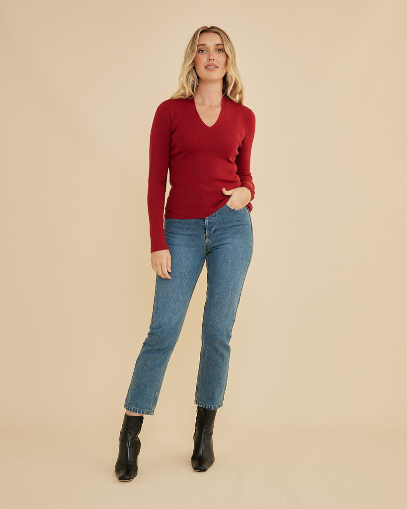 Aire Merino Knit V Neck Top - Red - Second Image