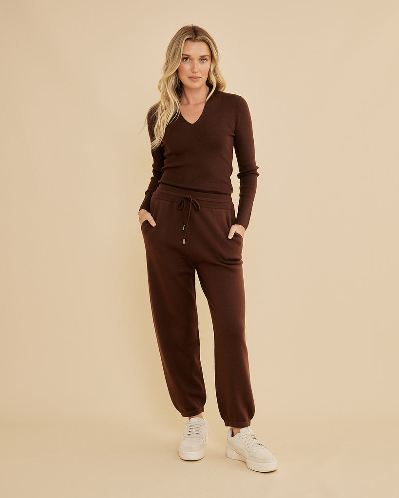 Aire Merino Knit V Neck Top - Chocolate - Second Image