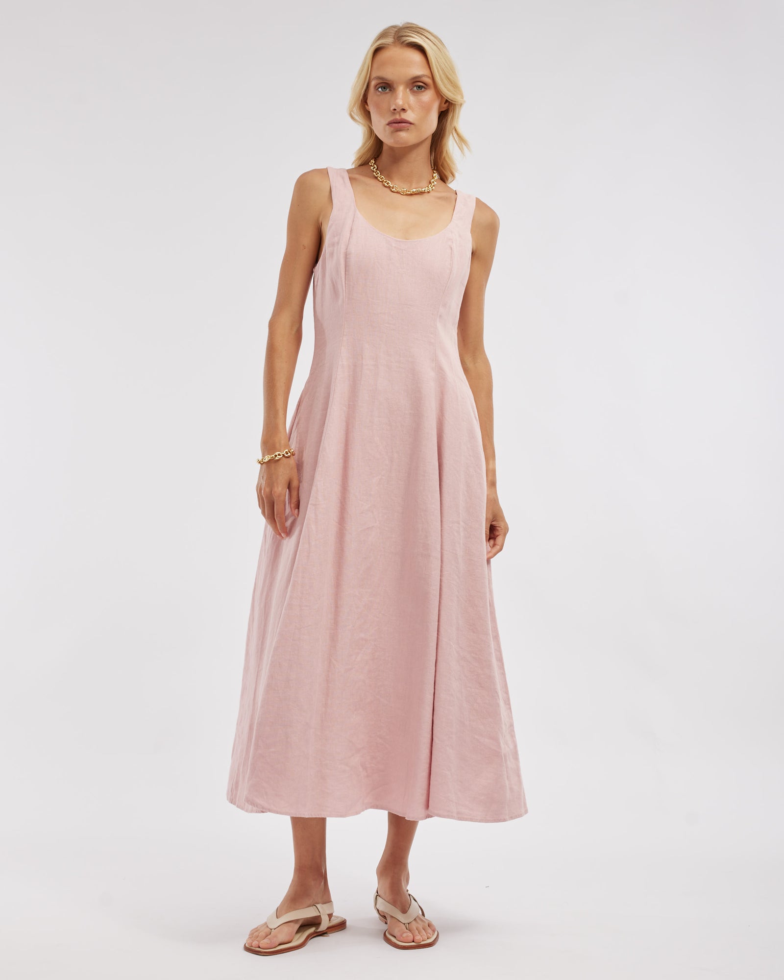 Anna Panelled Linen Midi Dress - Peony