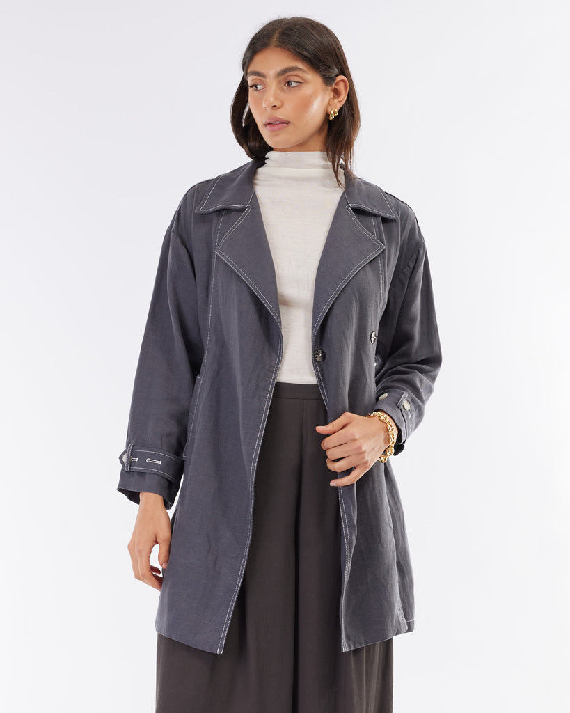 Elvie Linen Trench Jacket - Evening Blue