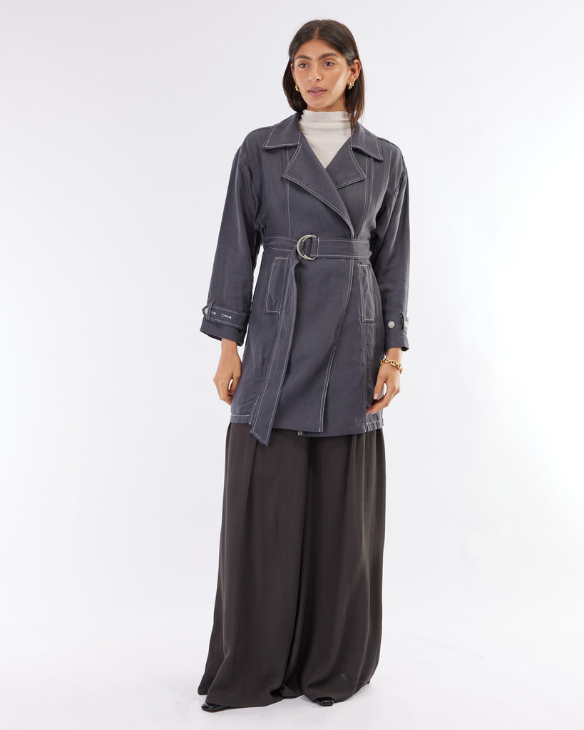 Elvie Linen Trench Jacket - Evening Blue - Second Image