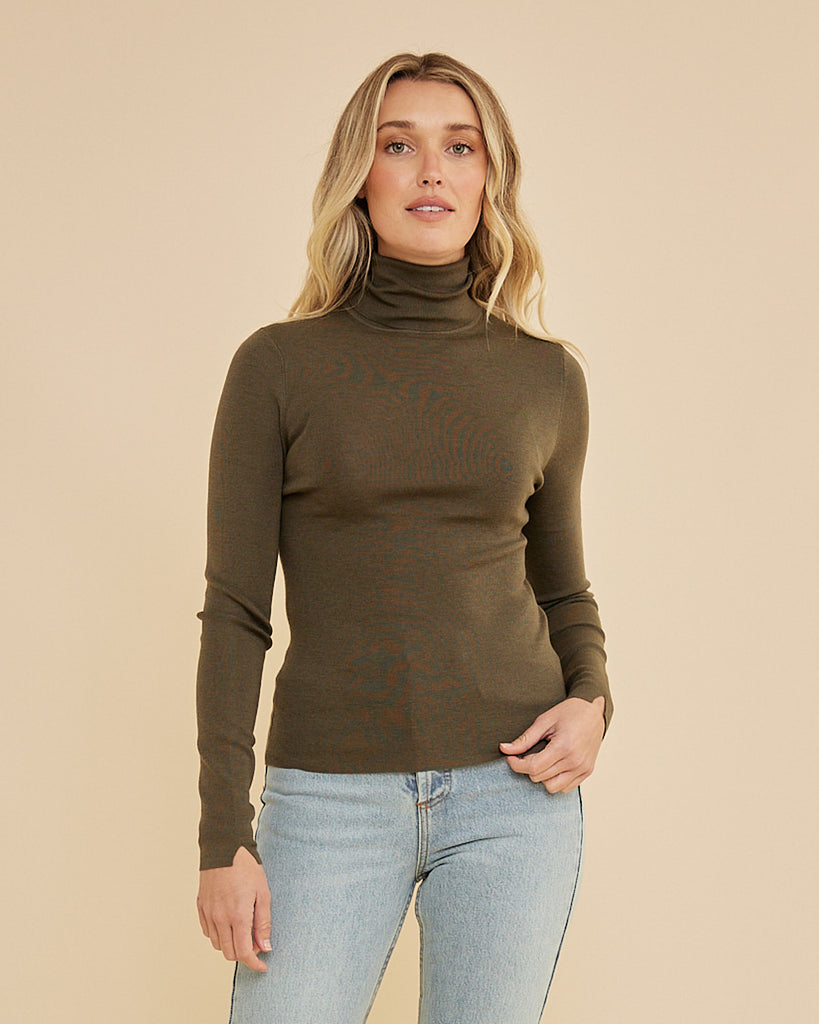 June Merino Knit High Neck Top - Olive