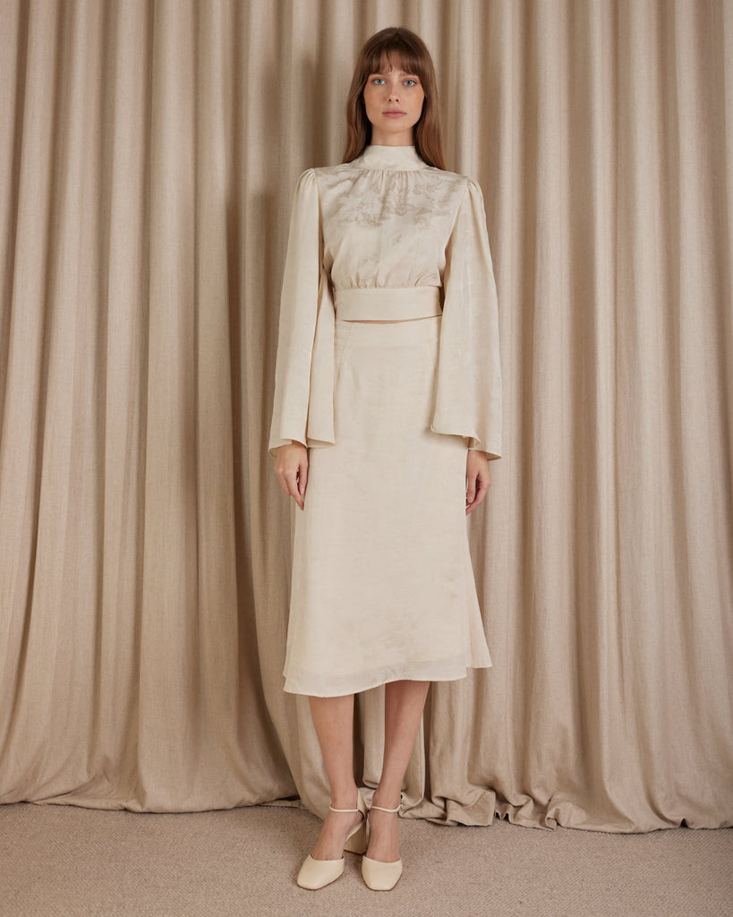 Loren Linen Jacquard High Neck Blouse - Crema - Second Image