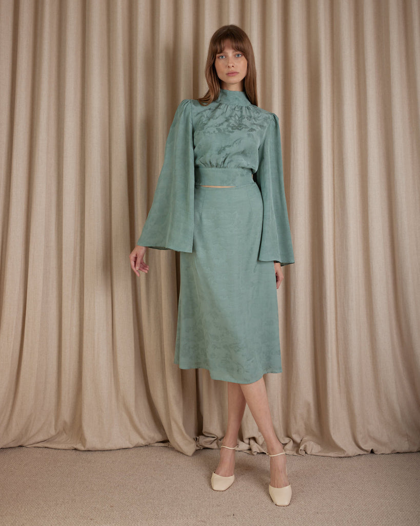 Loren Linen Jacquard High Neck Blouse - Sage