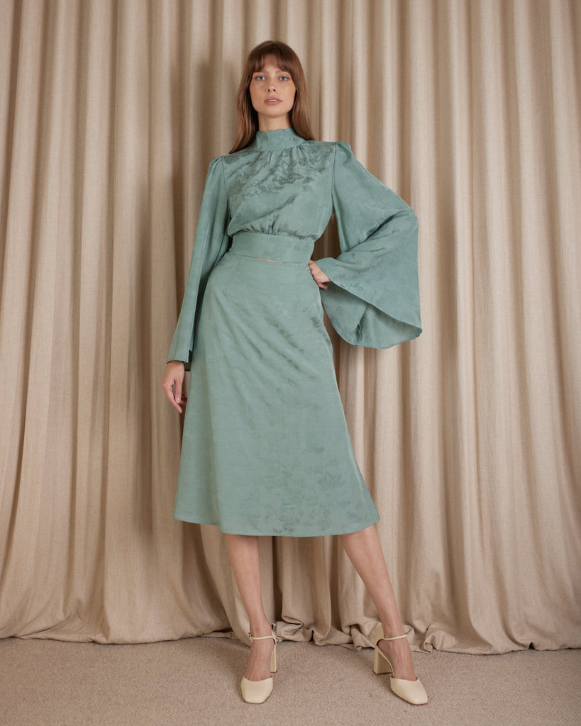 Loren Linen Jacquard High Neck Blouse - Sage - Second Image