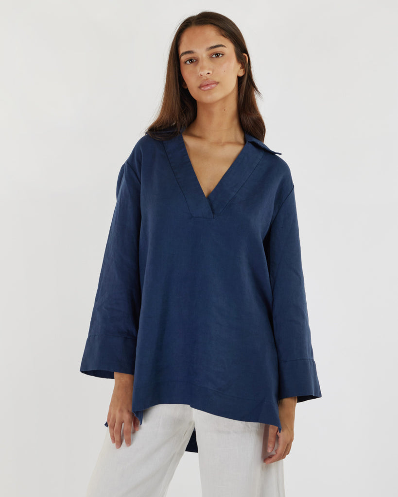 Pauline Linen Blouse - Navy