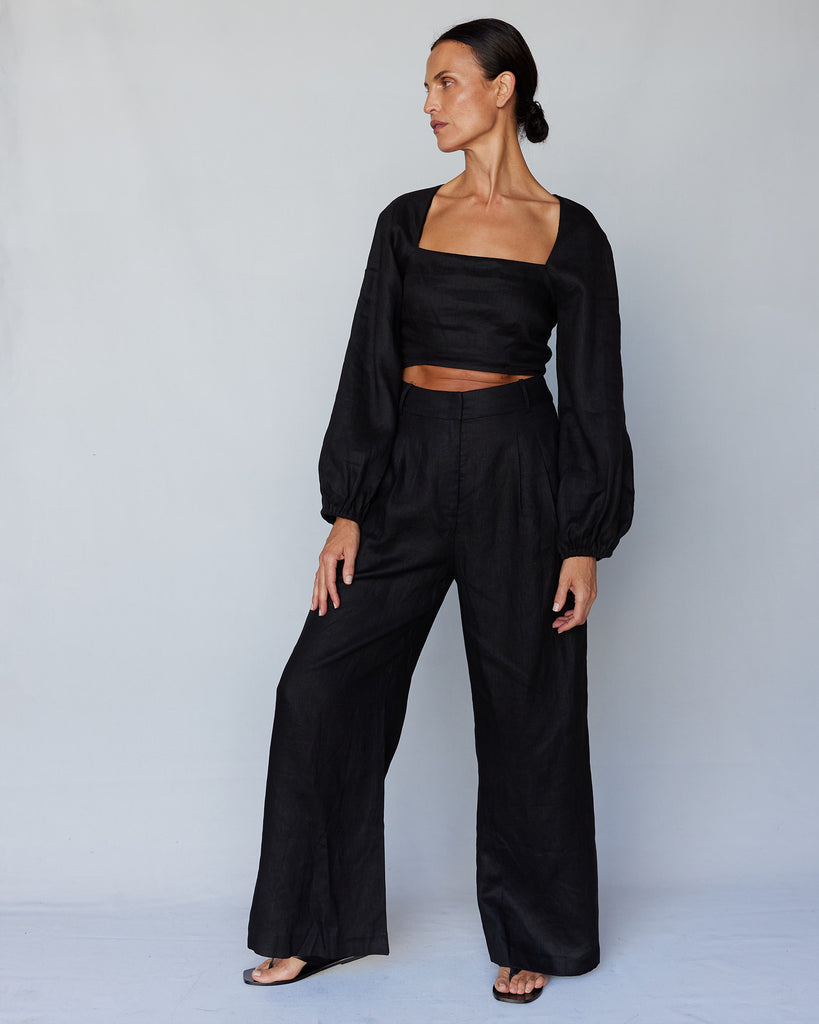 Bridgette Linen Crop Top - Black - Second Image