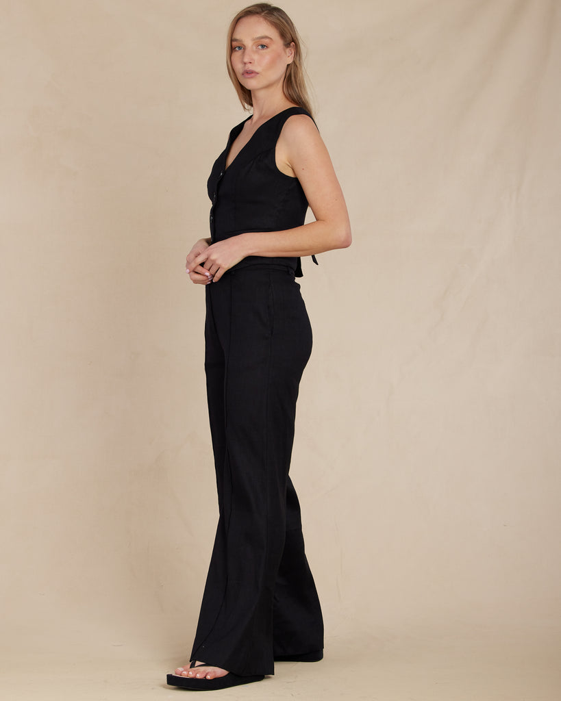 Sofia Linen Twill Wide Leg Pants - Nero - Second Image