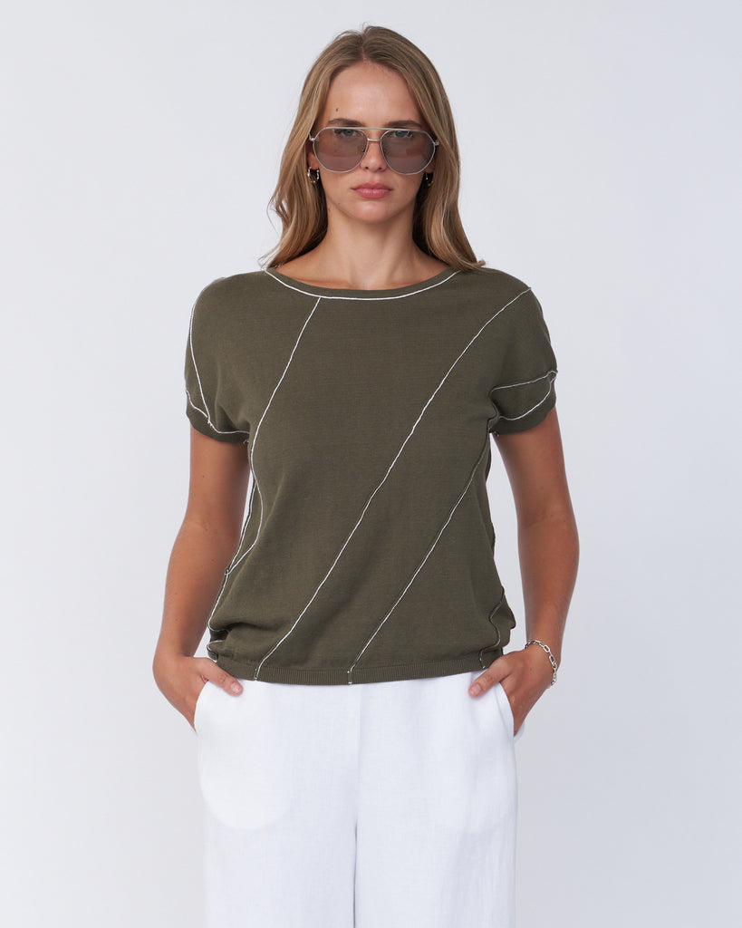 Fern Contrast Detail Short Sleeve Knit - Khaki