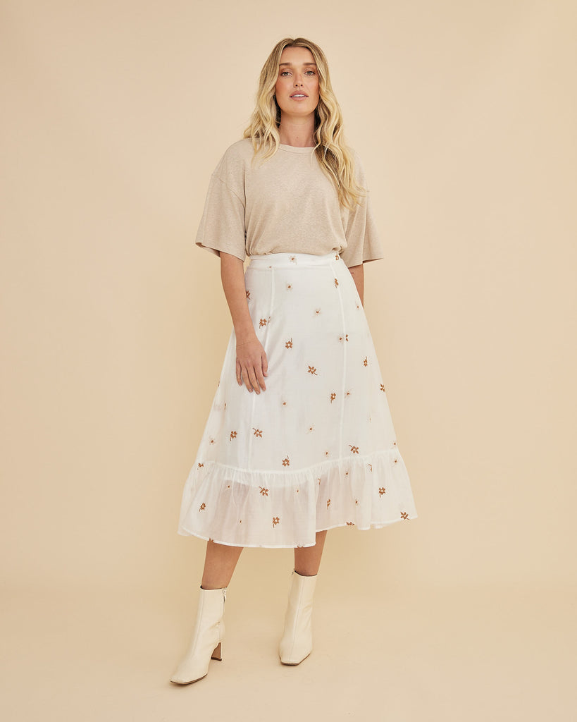 Monique Cross Stitch Midi Skirt - White
