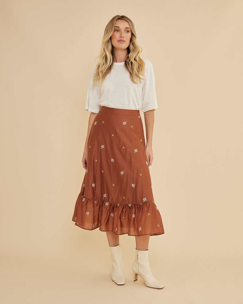 Monique Cross Stitch Midi Skirt - Rust
