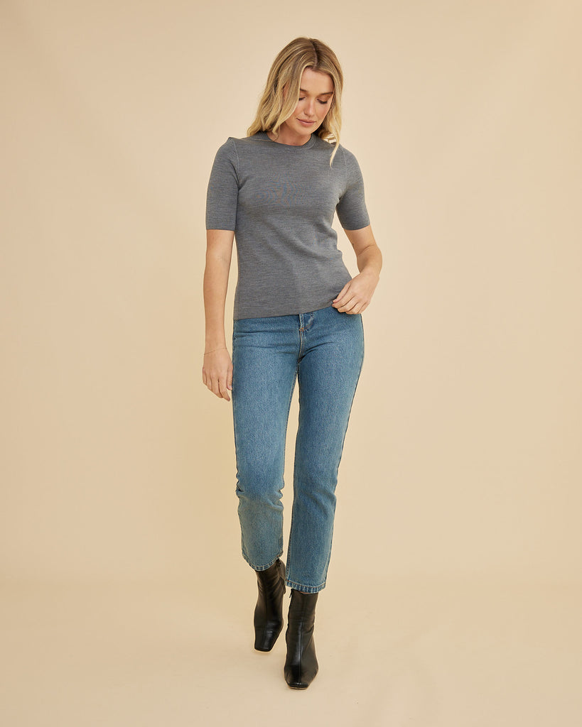 Molly Merino Knit Short Sleeve Top - Grey - Second Image