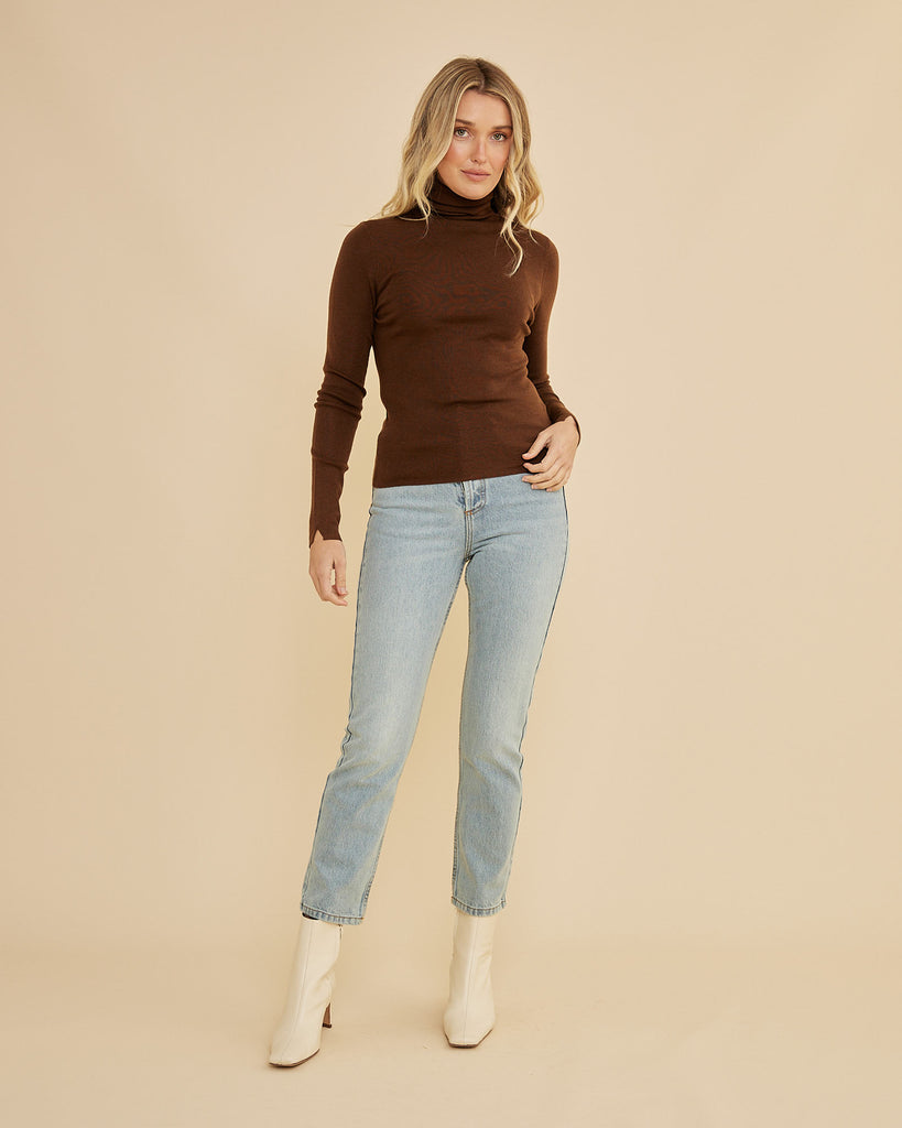 June Merino Knit High Neck Top - Chocolate