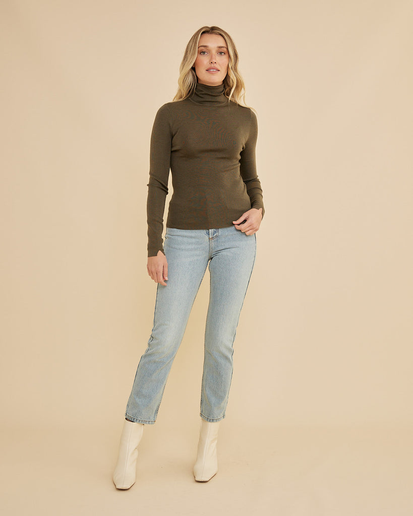 June Merino Knit High Neck Top - Olive