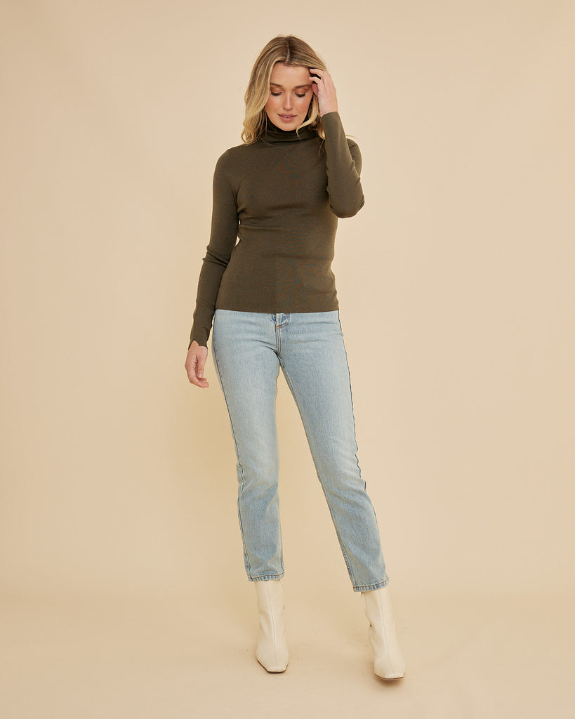 June Merino Knit High Neck Top - Olive - Second Image