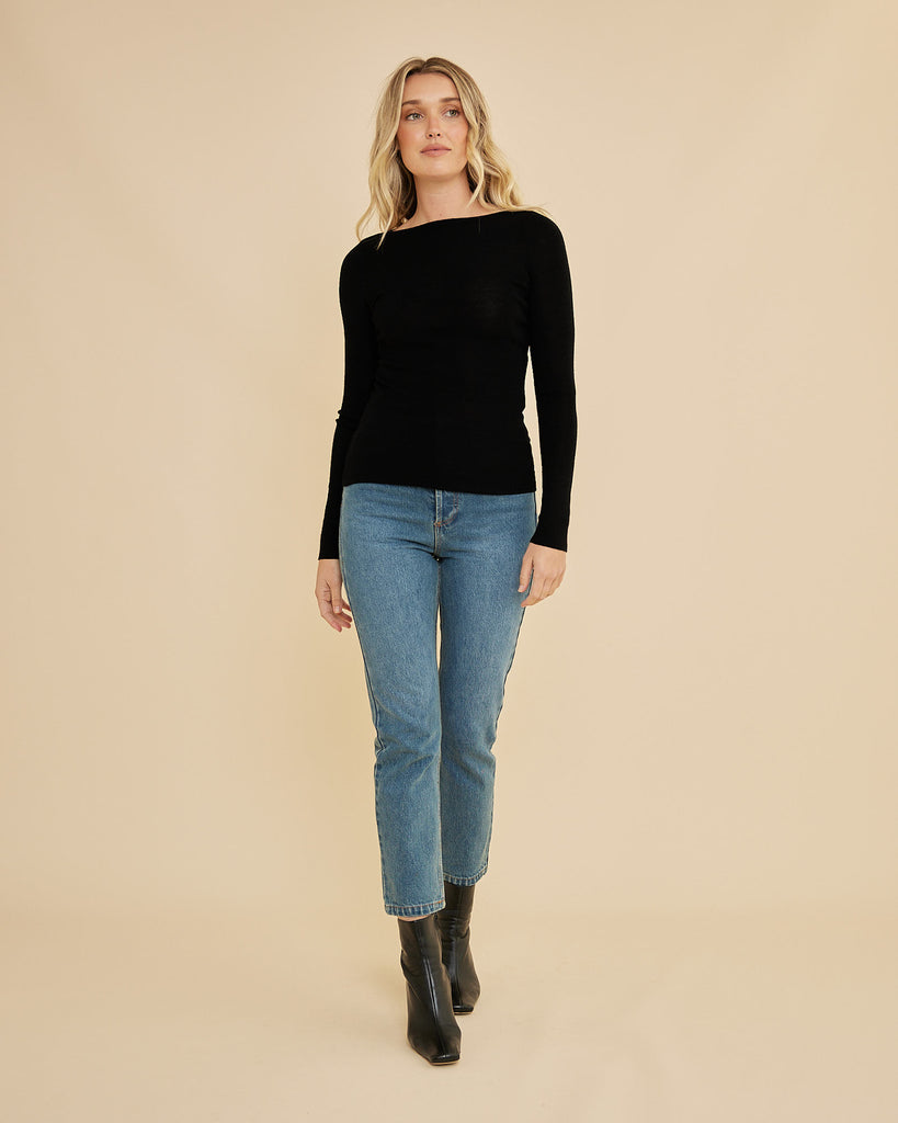 Ellie Merino Knit Boat Neck - Black - Second Image