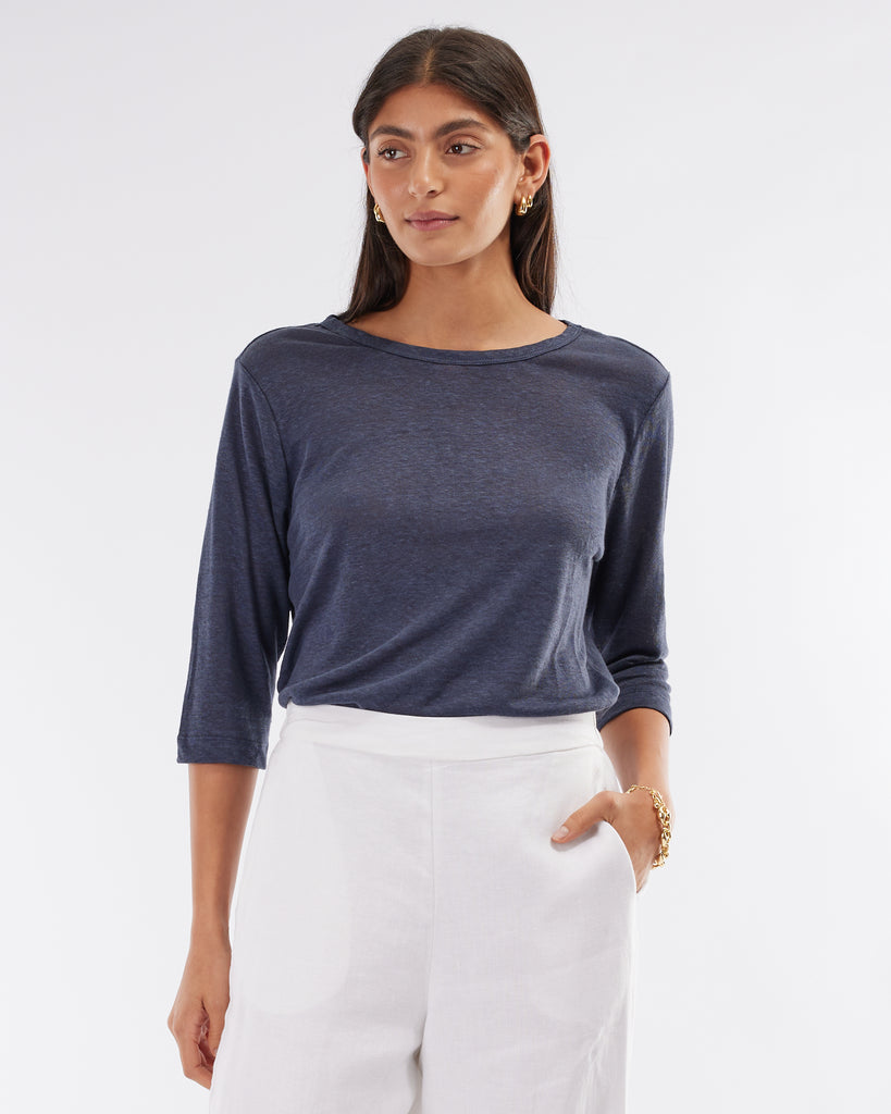 Bronte Linen Jersey Top - Navy
