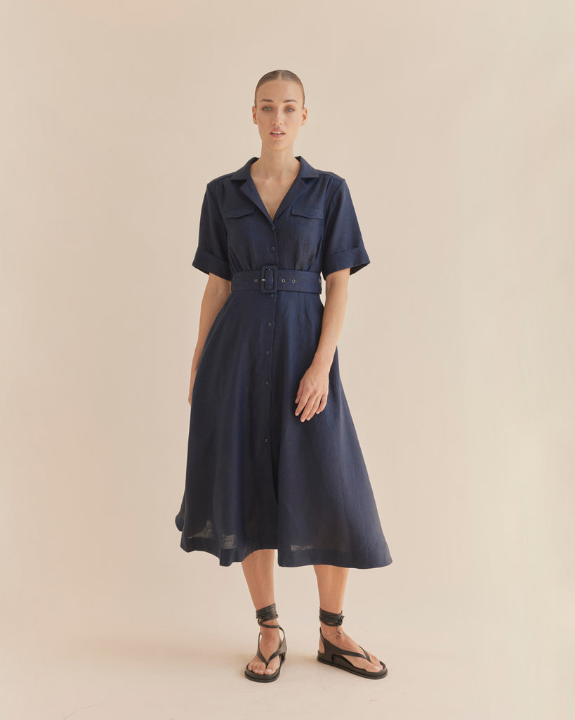 Cadence Linen Dress - Navy