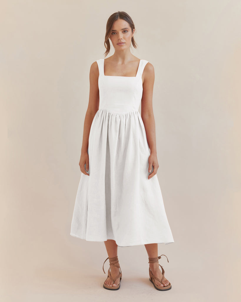 Caprice Corset Linen Midi Dress - White