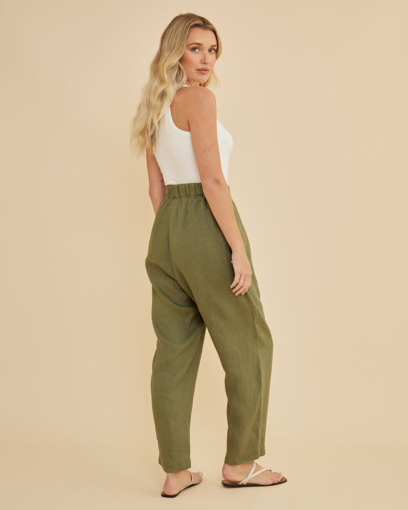 Carter Elasticated Linen Pant - Olive - Second Image