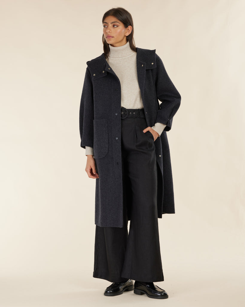 Celine Hooded Snap Front Coat - Charcoal Marle