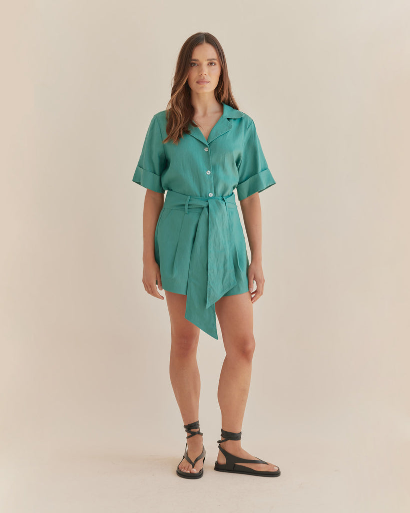 Maelle Belted Linen Short - Evergreen