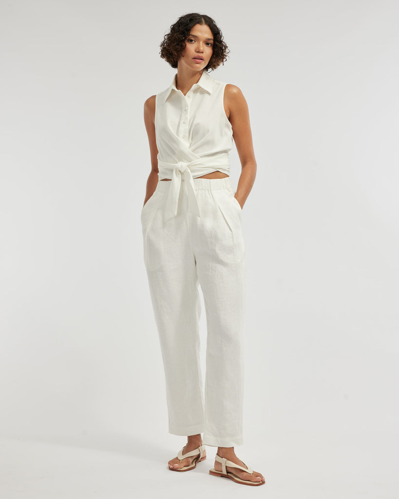 Carter Elasticated Linen Pant - White