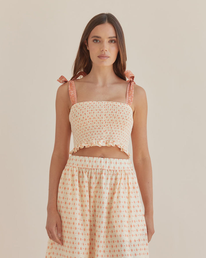 Peach Paisley Shirred Crop Top