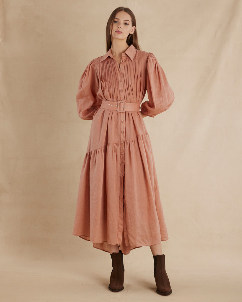 Poeta Ramie Pintuck Belted Dress - Blush - Second Image