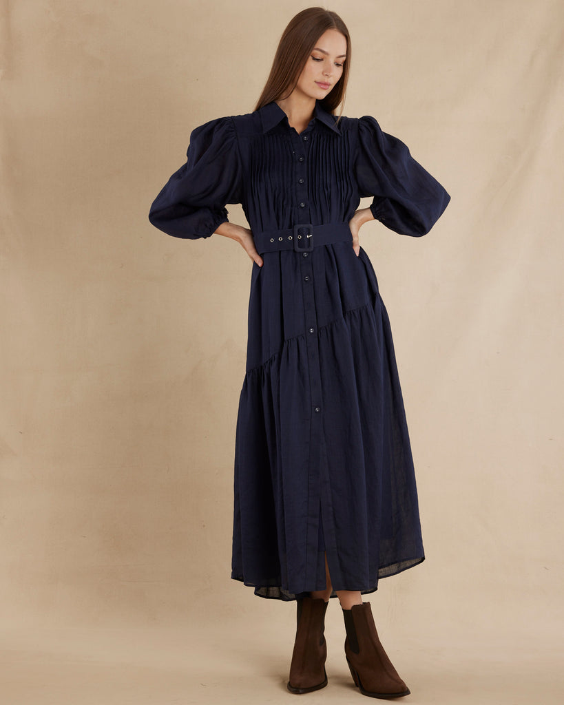 Poeta Ramie Pintuck Belted Dress - Navy - Second Image