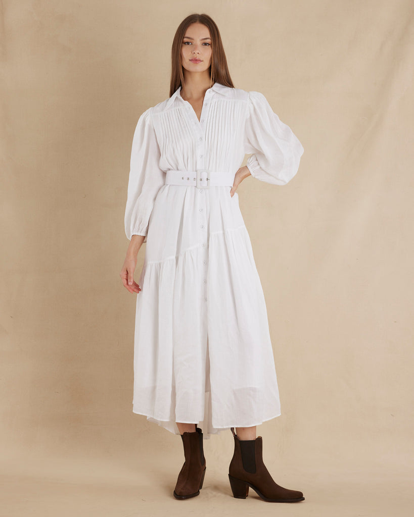 Poeta Ramie Pintuck Belted Dress - White