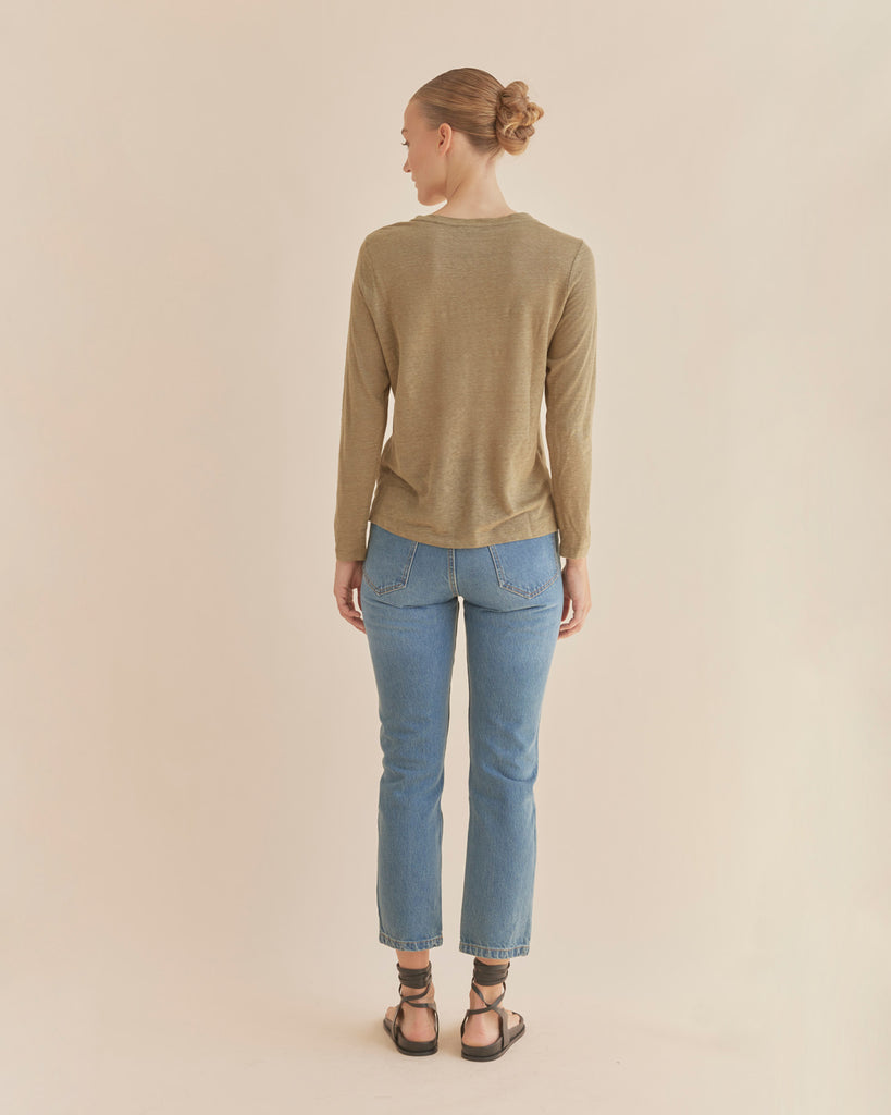 Priya Long Sleeve Linen Jersey Top - Khaki - Second Image