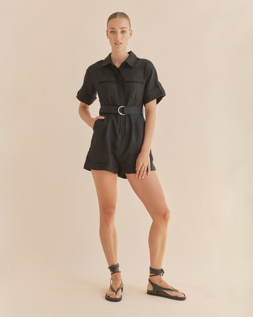 Surreal Linen Playsuit - Black