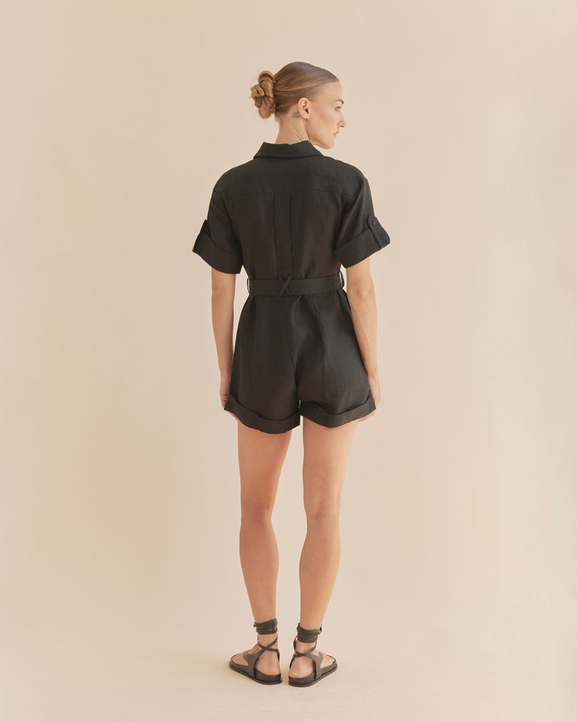 Surreal Linen Playsuit - Black - Second Image