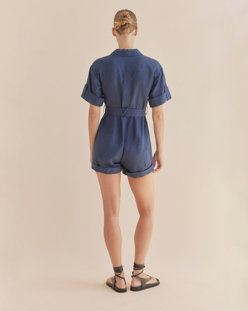 Surreal Linen Playsuit - Navy - Second Image