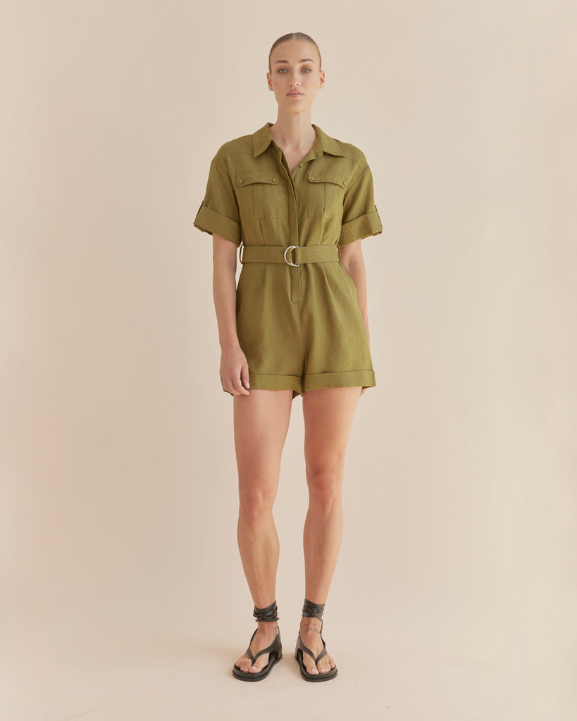 Surreal Linen Playsuit - Olive