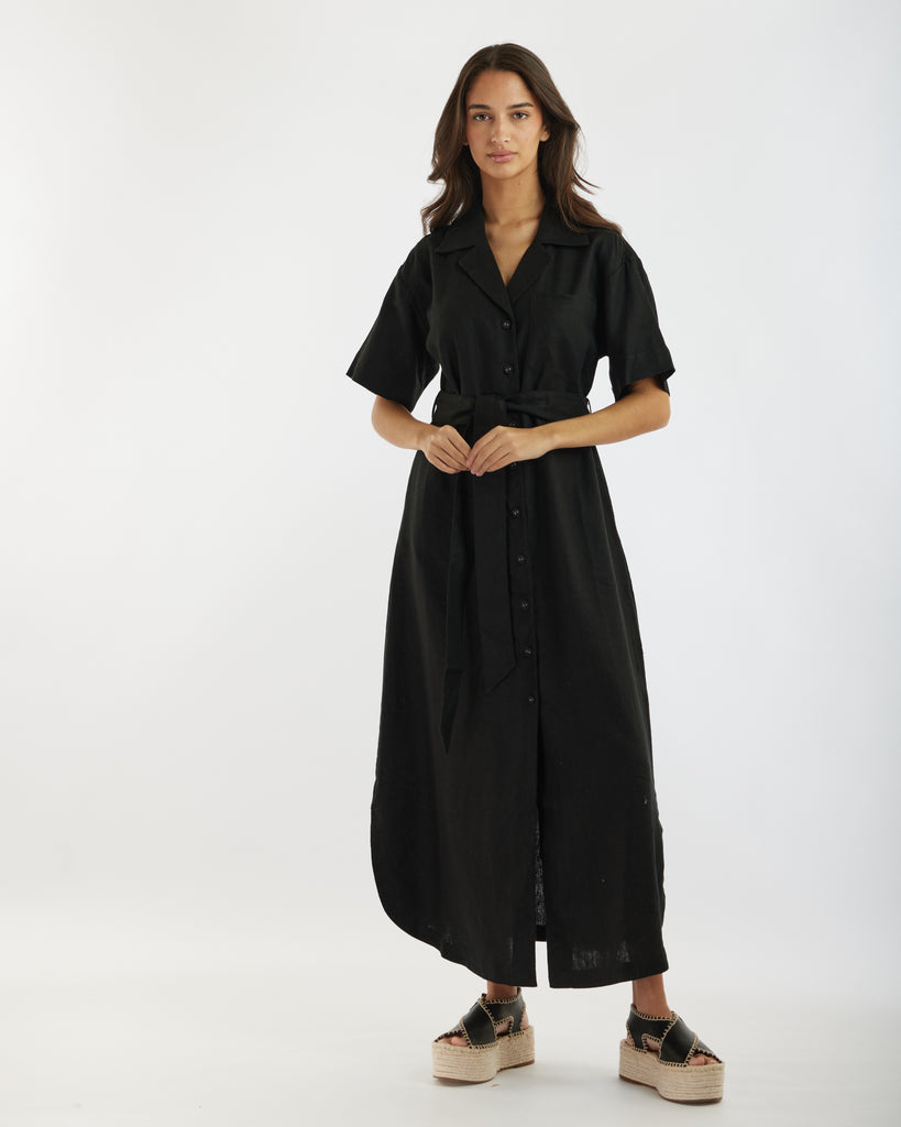 Zoe Camp Collar Midi Dress - Black - Second Image