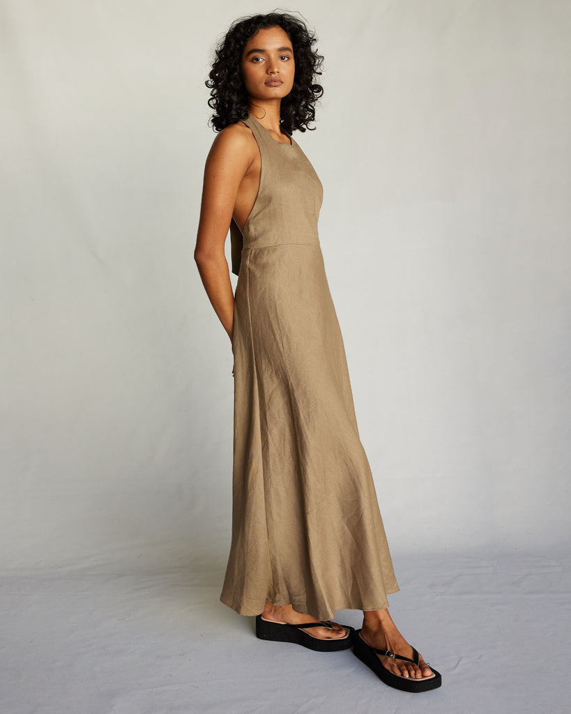 Zaina Linen Halter Maxi Dress - Khaki - Second Image