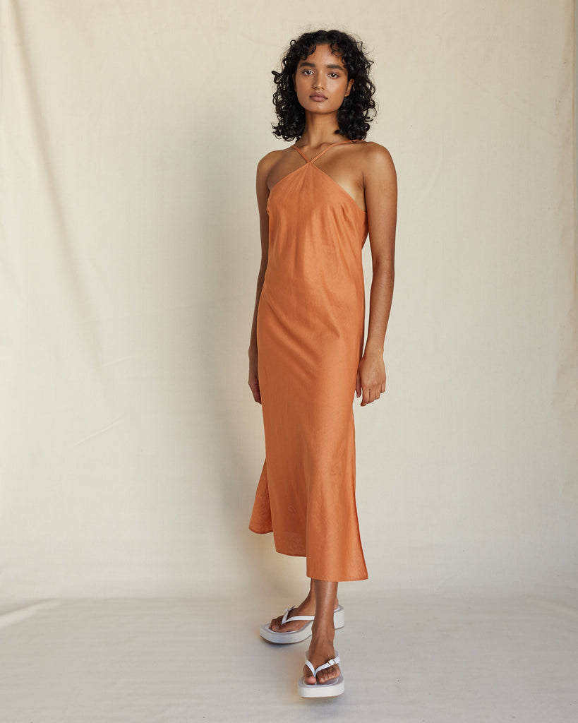 Krisha Linen Halter Midi Dress - Burnt Orange - Second Image
