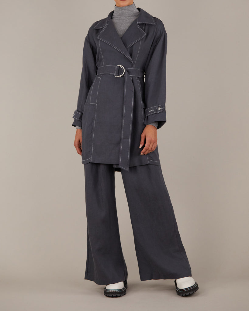 Elvie Linen Trench Jacket - Evening Blue - Second Image