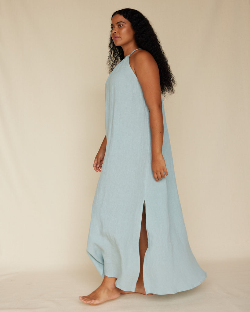 Saloma Linen Halter Dress - Duckegg Blue - Second Image
