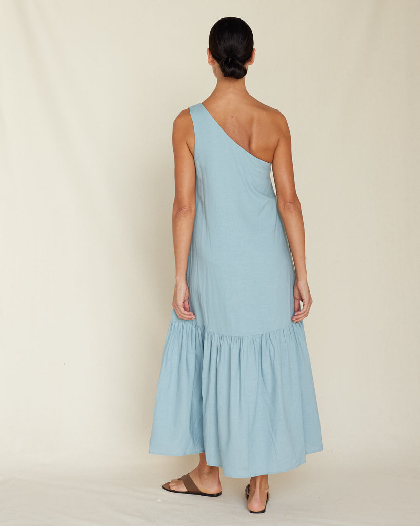 Aruba Linen One Shoulder Dress - Duckegg Blue - Second Image